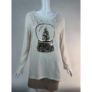 STYLE & CO Holiday Snow Globe Christmas Top Sz M Beige Cotton Blend Blemish